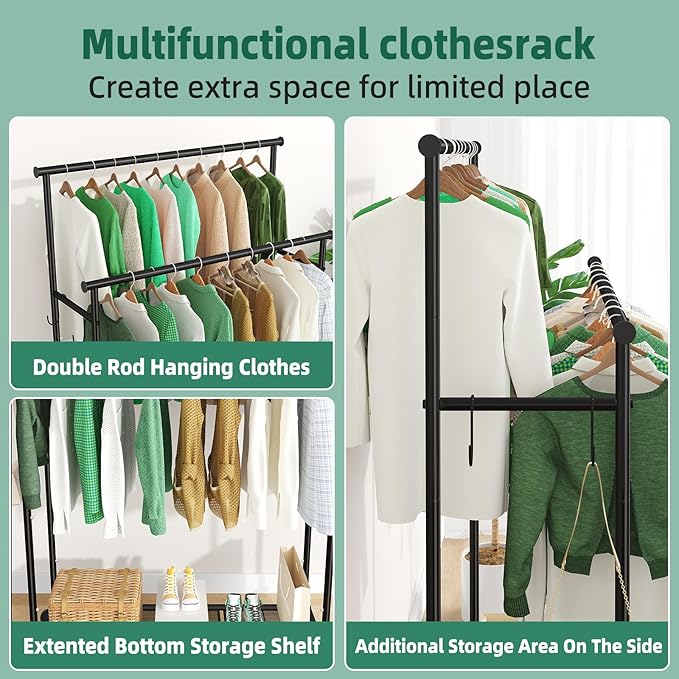 Ekisemio Double Rods Clothes Rack with Wheels Load 400 LBS, 45 Inch Rolling Clothing Rack for Hanging Clothes, Heavy Duty Garment Rack with Shelves, Metal Portable Closet, Black