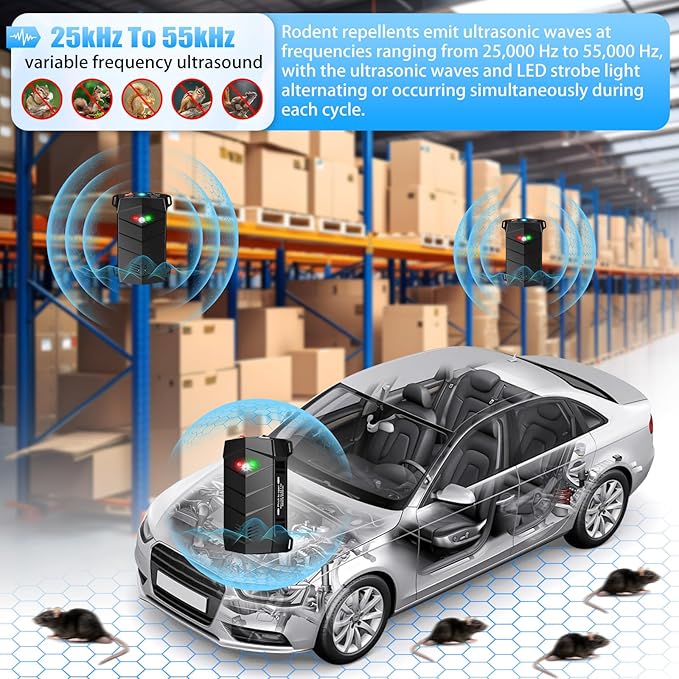 Rodent Repellent for Car Engines, Mouse Repellent Ultrasonic Rodent Repeller, Variable Frequency Ultrasonic&LED Strobe Lights, Keep Mice Away from Car Engines, Rooms, Indoors, Outdoors (2-Pack)