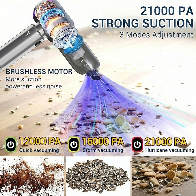 Portable Mini Car Vacuum Cleaner – Powerful Cordless Handheld Vacuum, 21000Pa Suction, Rechargeable, Long Runtime, 3 Adjustable Power Levels, Lightweight, 2-in-1 Suction & Blowing Function