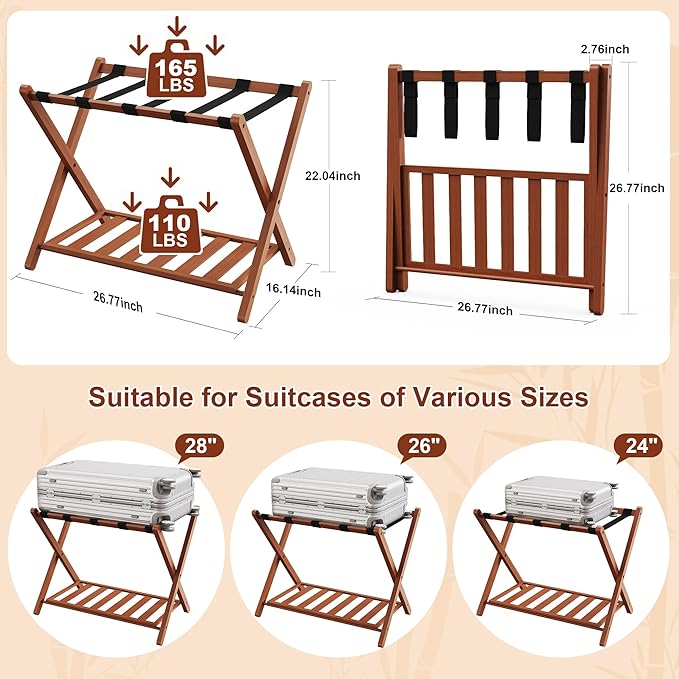 Walnut Luggage Racks Set of 2, Bamboo 26.77" Luggage Rack Stand for Guest Room, 5 Nylon Straps, Foldable Suitcase Stand with Storage Shelf for Bedroom Hotel, Holds up to 165 Lbs