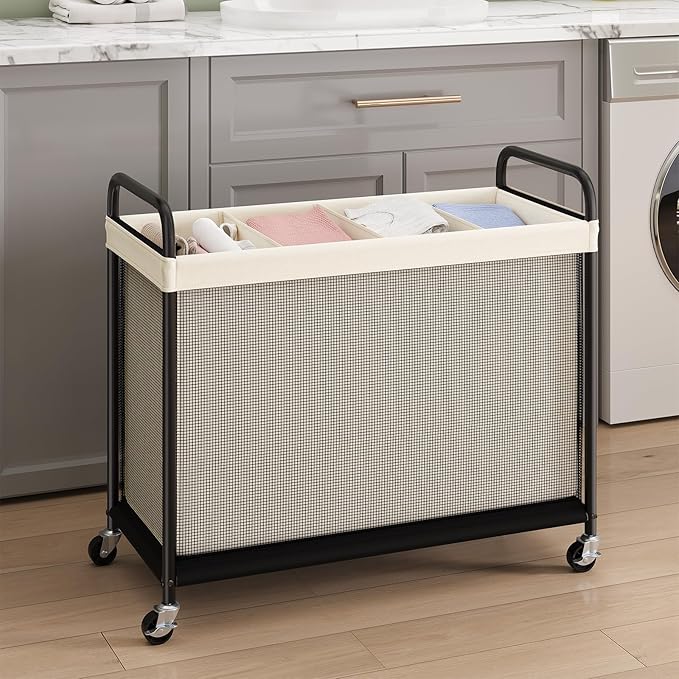 ELYKEN Laundry Hamper 4 Section, 140L Rolling Laundry Sorter with Removable Liner Bag, Laundry Basket with Wheels, Steel Frame with Metal Handle, Clothes Hamper Cart for Laundry Room & Bedroom