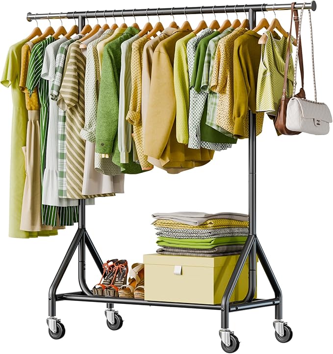 Holiwei Clothes Rack Load 450 LBS, Heavy Duty Garment Rack, Standing Rolling Metal Hanging Clothes with Sturdy Wheels & Shelves, Black