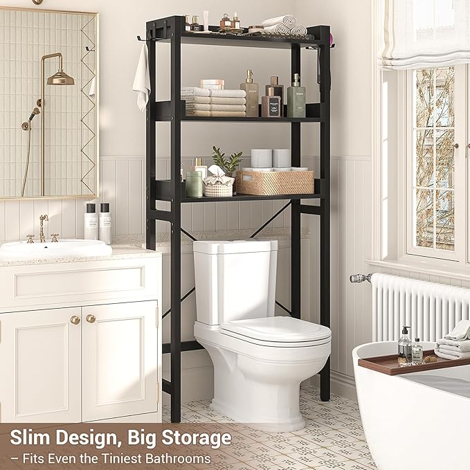 Besiost Over The Toilet Storage Rack - 3 Tier Bathroom Organizer with Shelves, Freestanding Space Saver Storage Rack Above Toilet Stand with 4 Hooks for Restroom, Laundry, Black