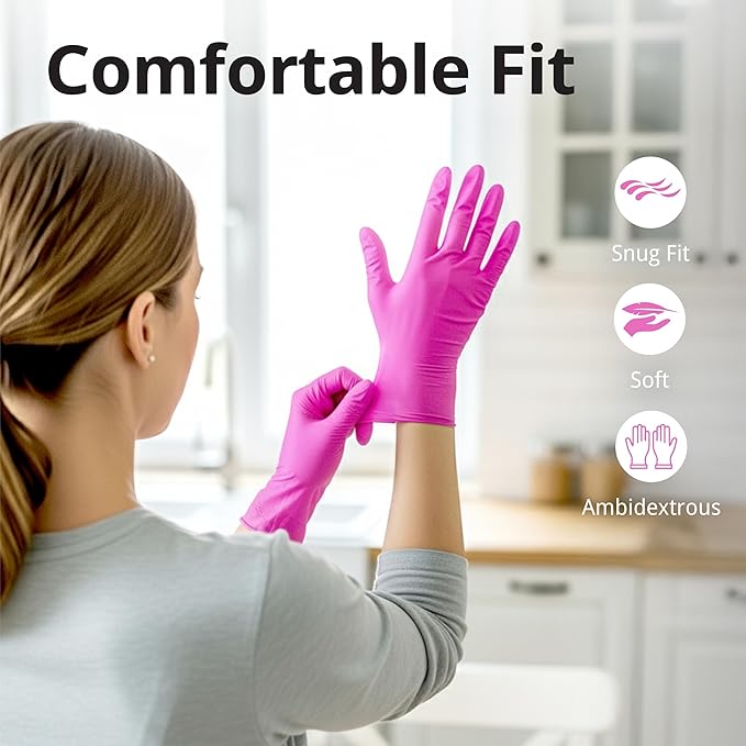 Powder-Free Nitrile Gloves, 3-mil, Disposable Nitrile Gloves, Latex-Free, Powder-Free - Pink/Fuchsia
