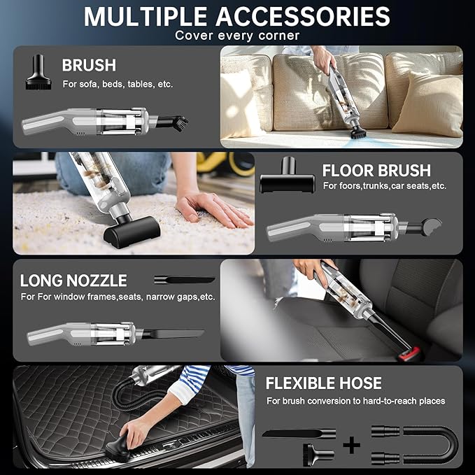 dormzie Handheld Vacuum Cordless, 16000Pa Powerful Suction, Lightweight at 1.3 lbs, Rechargeable Car Vacuum Cleaners for Home Office Car Pets with Brushless Motor, Multiple Accessories