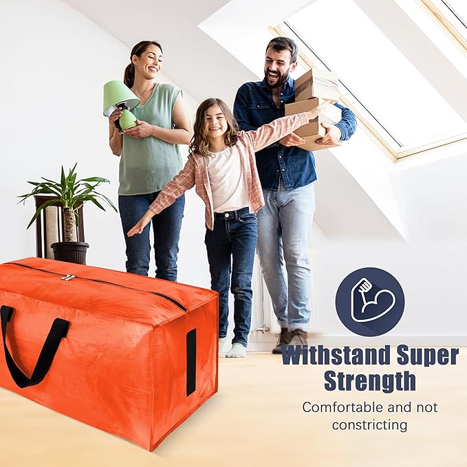 HOMESURE 4 Pack Large Strong Moving Bags with Zippers & Carrying Handles - Water-Resistant - Heavy Duty Storage Tote for Space Saving, Fold Flat, Alternative to Moving Box (Orange)