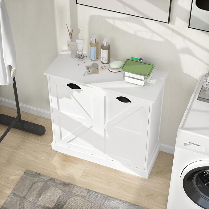 Two-Compartment Tilt-Out Laundry Sorter Cabinet with Removable Cloth Bags,Laundry Room Organization,UV Painting Cabinet for Laundry Room,Bathroom,Utility Room-White
