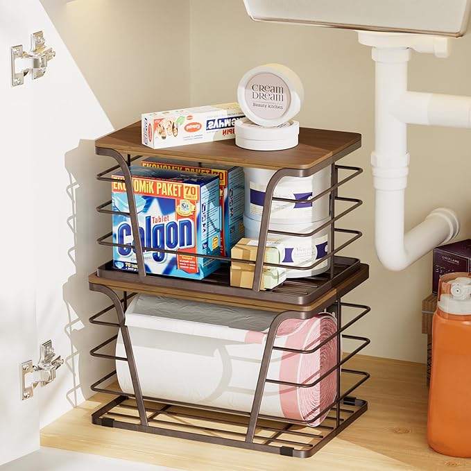 Extra Large 2 Pack Potato and Onion Storage Bins,Stackable Storage Pantry Organizers, Kitchen Storage Bins for Potato and Onion, Wall Mount Trash Bag Holder with Bamboo Top, Brown