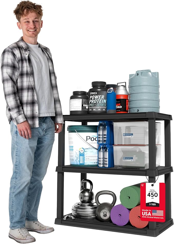 IRIS USA 3-Shelf Heavy Duty Plastic Storage Shelves, 450lb Capacity, 38" H x 36" W x 18" D, Large Modular Shelving Unit Storage Organizer for Garage, Home, Warehouse & Gym, Storage Rack - Black
