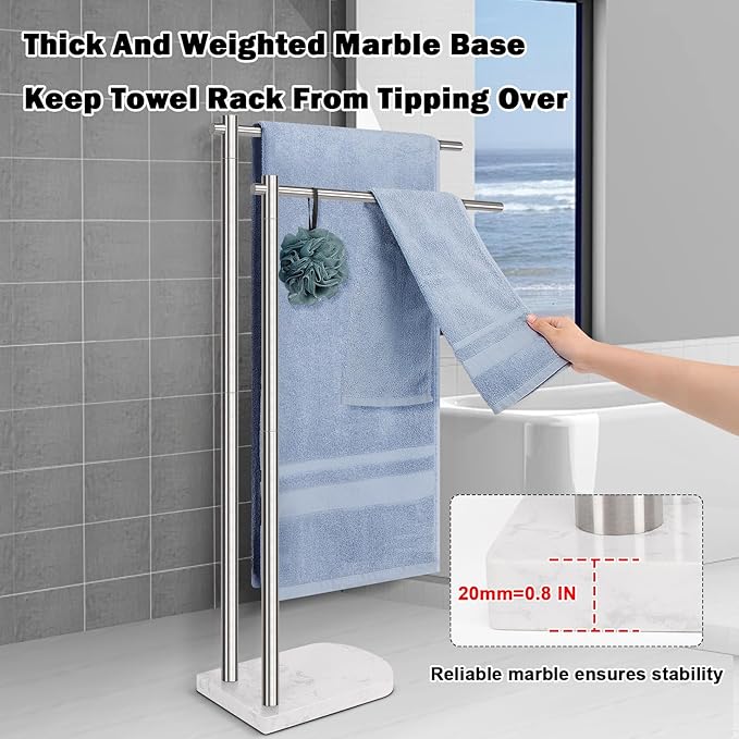 Livabber Standing Towel Rack, 304 Stainless Steel 2-Tier Towel Holder Stand with Marble Base, Modern Stylish Tall Shower Towel Bar for Bathroom Accessories, Pool（Brushed Nickel）