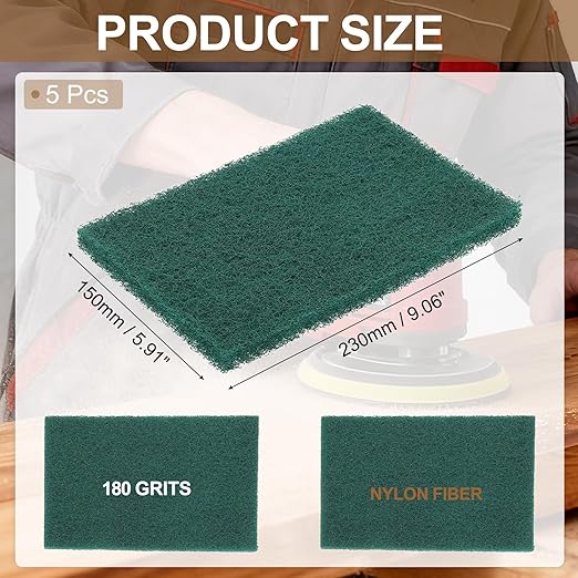 uxcell 5Pcs Scrubber Scouring Pad, 9.1 x 5.9 Inch 180 Grits Drill Power Brush Rectangle Scrub Pads Discs Polishing Pad for Household Furniture Automotive Cleaning, Green