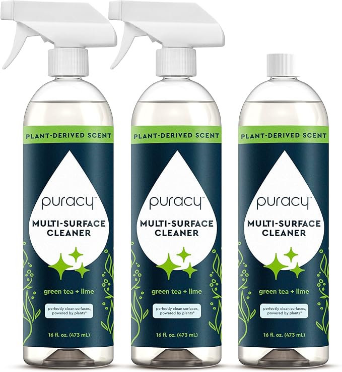 Puracy Multi-Surface Cleaner Spray - Plant-Powered All Purpose Cleaner - Surface Cleaner Solution As Seen on TikTok (Green Tea & Lime, 16 fl oz, 3 Pack)