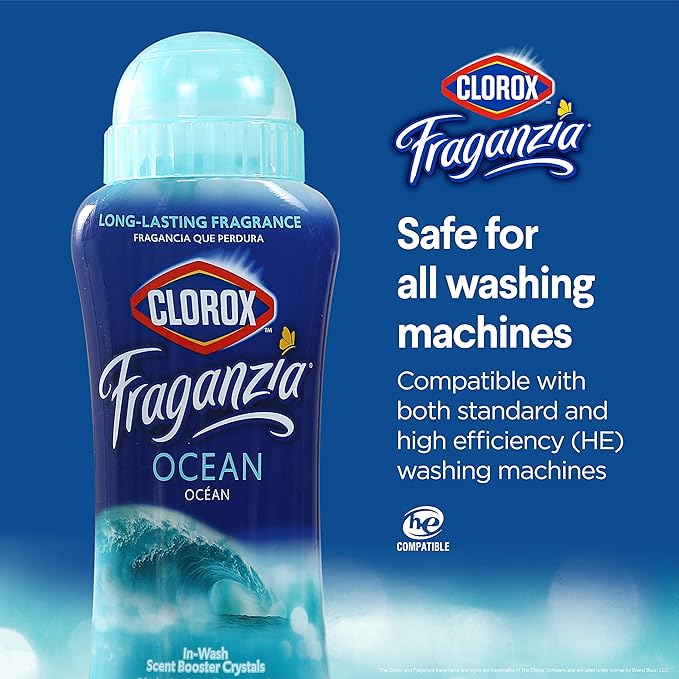 Clorox Fraganzia Laundry Scent Booster Crystals, In-Wash Fragrance Beads for Fresh-Smelling Clothes & Linens, Safe for All Fabrics & Colors, Easy-Pour Bottle, Ocean Scent, 18 Oz, 2 Pack
