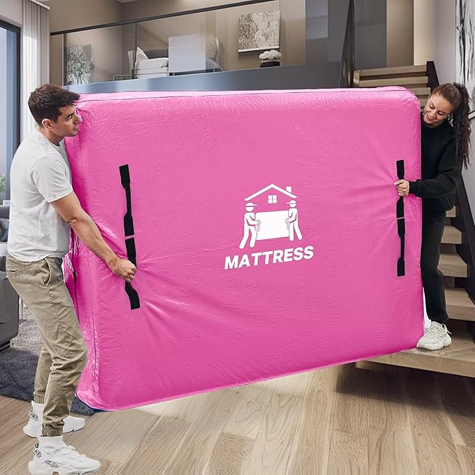Mattress Bags for Moving, BETU Mattress Protector Waterproof Mattress Cover Full Size Storage Bags with 8 Heavy-Duty Handles and Zipper for Bed Extra Thick Large Reusable (77"x57"x15" Pink)