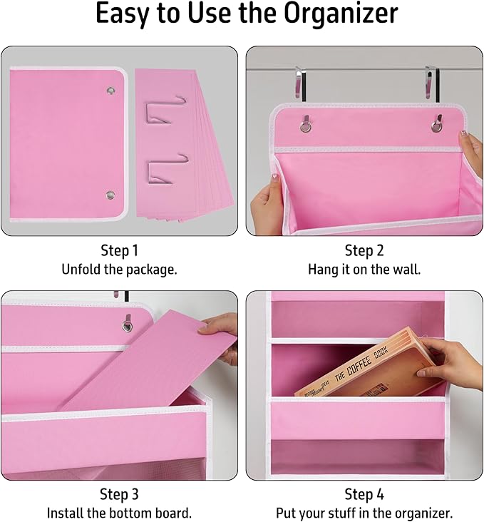 TYMENSH Over Door Organizer with 5 Large Pockets, Heavy Duty Hanging Organizer Storage, Closet Bathroom Nursery Bedroom Dorm, Toys Cosmetics Sundries and Baby Essentials, Pink