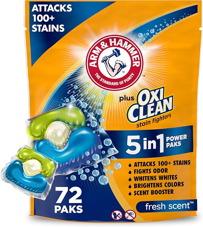 ARM & HAMMER Plus OxiClean Stain Fighters: 5-in-1 Laundry Detergent Power Paks, Fresh Scent, 72 Count