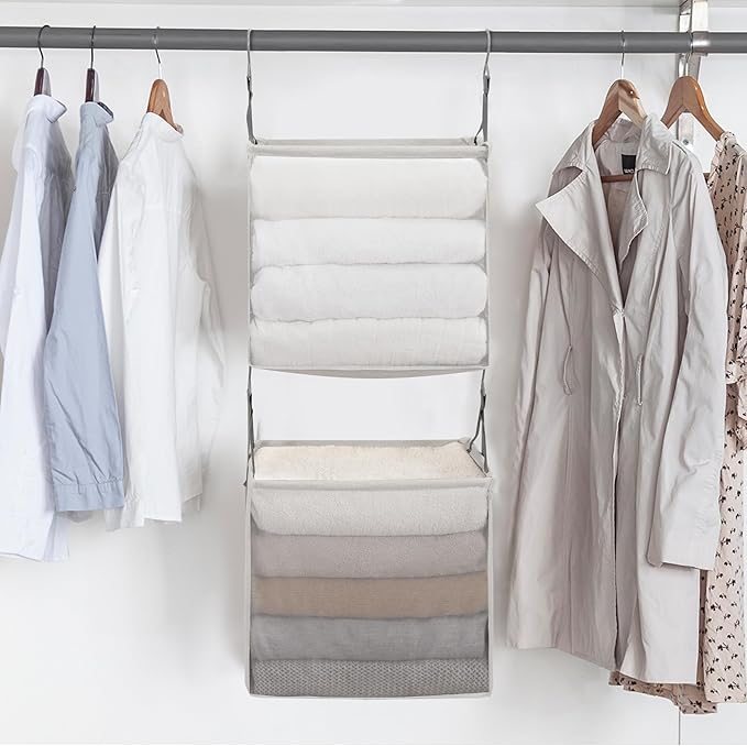 STORAGE MANIAC 2-Shelf Hanging Closet Organizer, Cloth Hanging Closet Shelf, Hanging Closets Baskets with Hooks for Dorm, Apt, Bedroom, College, Garment Rack, Wardrobe, Fabric with Mesh, Ivory