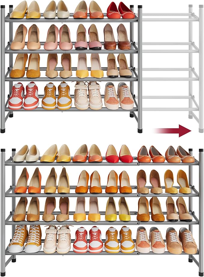 Tajsoon Expandable Shoe Rack for Closet 4 Tier, 29“-41“Adjustable & Stackable Shoe Shelf Storage, Metal Shoe Rack Organizer for Front Door Entrance, Closet, Garage, Entryway, Grey