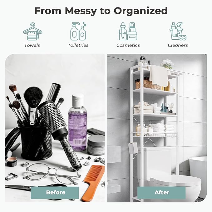 GRUSIGN Over-The-Toilet Storage Shelf, 4-Tier Bathroom Organizer Shelf, Freestanding Space Saver Shelves Over Toilet with Adjustable Shelf for Bathroom, White