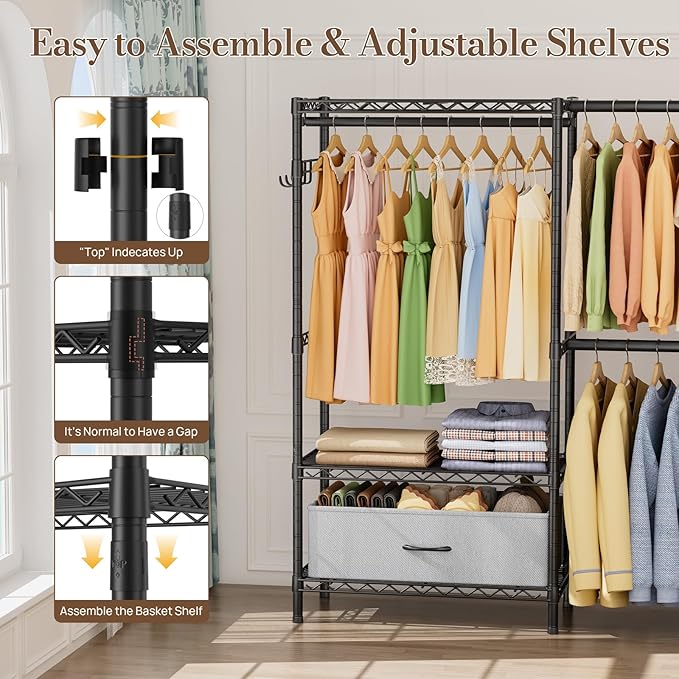 Golpart Coat Rack Clothes Wardrobe：Closet Organizer and Storage Clothing Garment Rack with Shelves Heavy Duty for Hanging Clothes Portable Adjustable Black 15.8" DX69 WX76.5 H