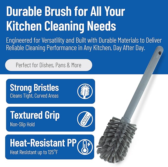SPARTA 12 Inch Bottle Brush with Polyester Bristles and Plastic Handle, Color Coded, Large Round Head Cleaner for Bottles Jars and Food Service Equipment, Gray