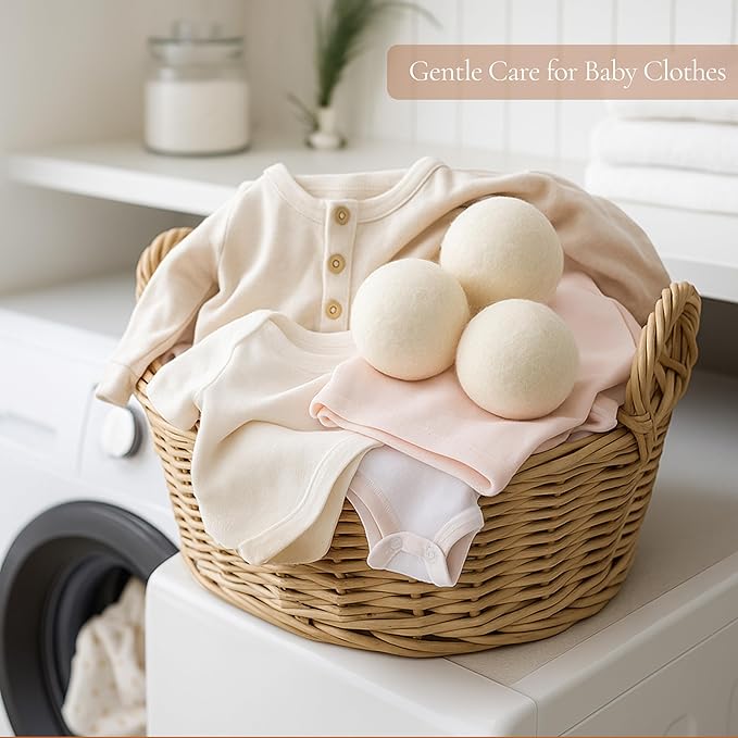 Wool Dryer Balls for Baby – XL 6-Pack with Mesh Bag – Baby Safe, Hypoallergenic, 100% New Zealand Wool – Chemical-Free Fabric Softener for Baby Clothes – White