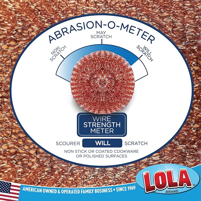 LOLA Copper Mesh Scouring Pad, 2 Pack, 45 Grams, 4" Heavy Duty Cleaning Pads, Copper Coated Knitted Wire Mesh, Recyclable, Cleans Baked On Messes