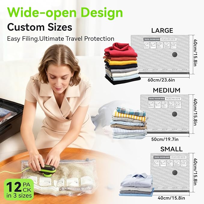 12 Pack Vacuum Bags for Travel with USB & TYPE C Pump,Compression Packing Cubes for Luggage,Carry-on Space Saver Vacuum Seal Bags&Vacuum Storage Bags for Vacation(Green)