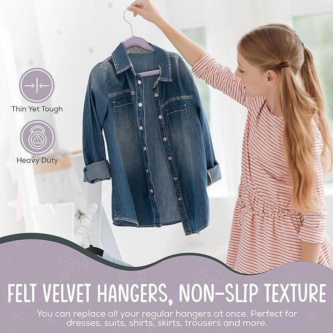 TechZoo 50 Premium Kids Velvet Hangers - 14'' Non-Slip, Ultra-Slim & Space-Saving Hangers - 360° Swivel Hook, Strong & Durable for Children & Preteens - Purple