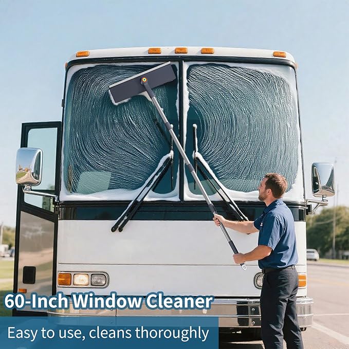 3 in 1 Window Squeegee for Home, Window Cleaning Kit with 60" Extension Pole, Professional Window Cleaner Tool for Outdoor Windows, Glass, Mirrors, Screens with 3 Microfiber Cloths & Screen Brush