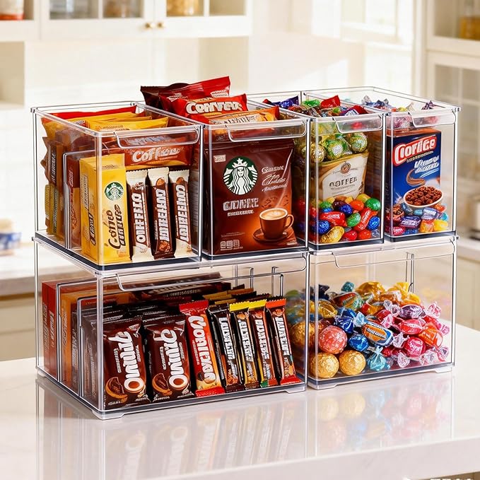 Clear Plastic Storage Bins with Dividers for Kitchen Pantry Organization, 6 Pack Thicken Stackable Storage Drawer Boxes for Refrigerator Cabinets Vanity Organizers and Storage, C6-3