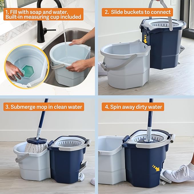 Casabella Spin Mop System with Extra Mop Head Refill - Two-Bucket Design with Splash Guard Built-in Measuring Cup and Scraper Tool with Easy Wring Pedal Spinner, 1.25-Gallon, Blue