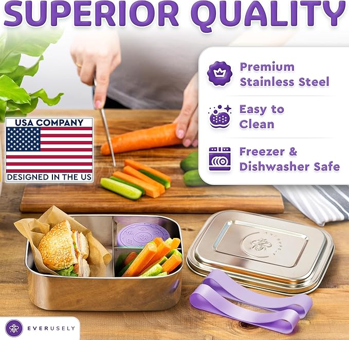 Everusely - Bento Box - Lavender, 47oz / 1.4 L - Large Stainless Steel Lunch Box with Leakproof Condiment Container - 3 Compartment Snack Organizer for On the Go Meals - Freezer & Dishwasher Safe