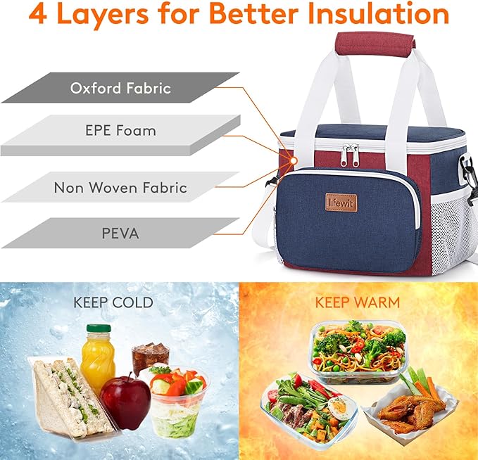 Lifewit Medium Lunch Bag, Insulated Lunch Box, Soft Cooler Cooling Tote for Adult Men Women, White and Red and Blue 12-Can (9L)