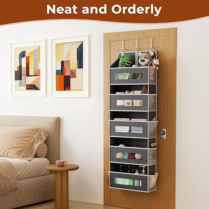 5 Tier Over The Door Organizer - Large Capacity Behind Door Hanging Shelves with 10 Mesh Pockets and Clear Windows, Closet Organizers and Storage for Bathroom, Bedroom, Nursery, 2 Pack Grey