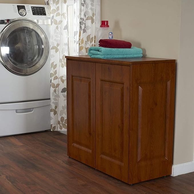 Household Essentials Double Hamper Cabinet, Metal Exterior and Removable Polyester Bags, Dual Compartments for Sorting, Faux Wood Grain