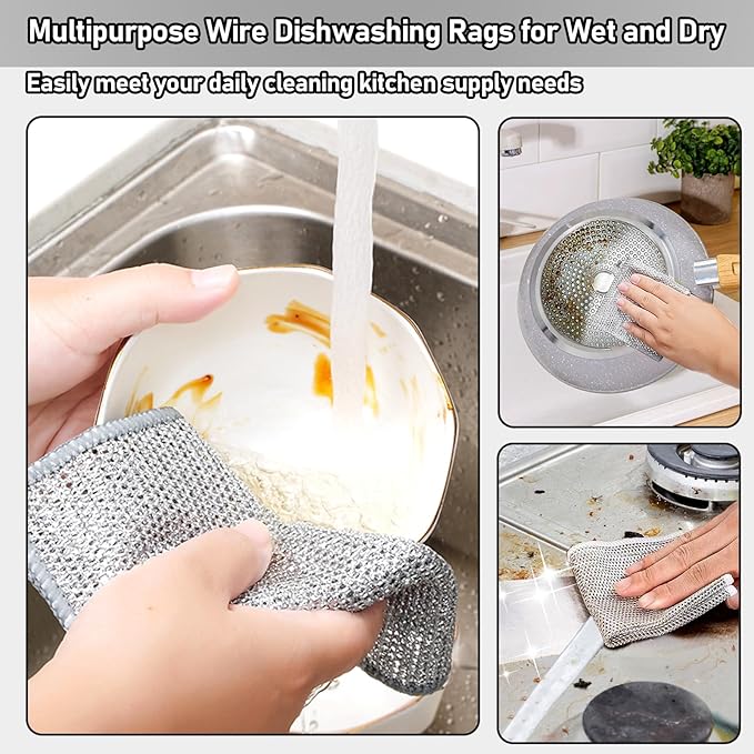 XANGNIER 10 Pcs Multipurpose Wire Dishwashing Rags for Wet and Dry,2024 New Multifunctional Non-Scratch Wire Dishcloth,Wire Cleaning Cloth,Non Scratching Metal Wire Rag for Kitchen,Counter,Dishes,Sink