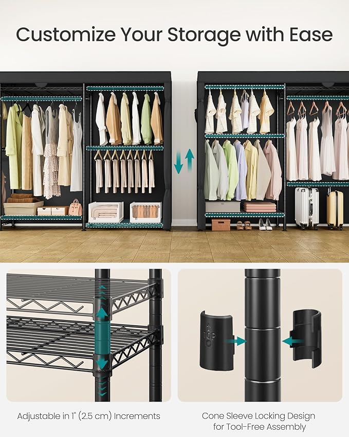 SONGMICS Heavy-Duty Rolling Clothes Rack, Garment Rack, Portable Closet on Wheels, with Adjustable Mesh Shelves and Hanging Rails, Fabric Cover, 15.8 x 86.4 x 76 Inches, Ink Black ULGR437BH01