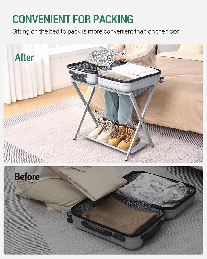 Hzuaneri Luggage Rack, Folding Suitcase Stand for Guest, Foldable, Luggage Holders with Shelf, Steel Frame with Nylon Straps for Bedroom, Hotel, Holds up to 154 lb, Grey,1 Pack LR03899G