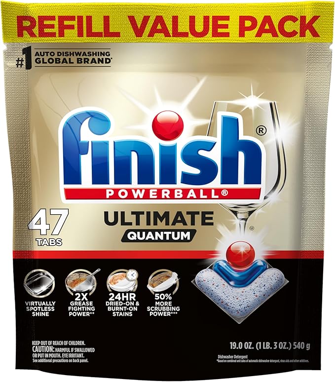 Finish Ultimate Quantum Dishwasher Pods, New & Improved Formula, Dishwasher Detergent Dish Soap, Removes Burnt-On & Dried-On Stain, Degreasing & Scrubbing Power, 47 Count