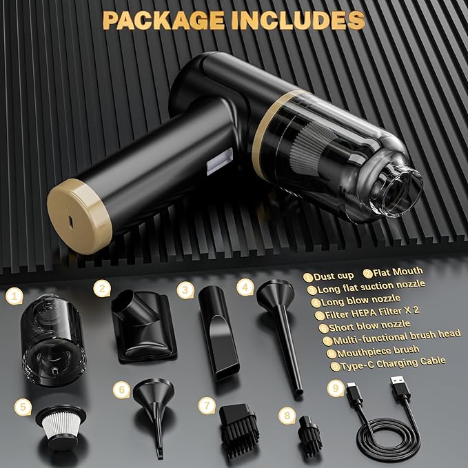 Cozylady Handheld Car Vacuum Portable Cordless, High Power 6 in 1 Vacuum Cleaner & Air Duster & Air Blower with 4000mAh Brushless Motor and Multi-Nozzles for Car, Home, Office, Camping, Pet (25kpa)