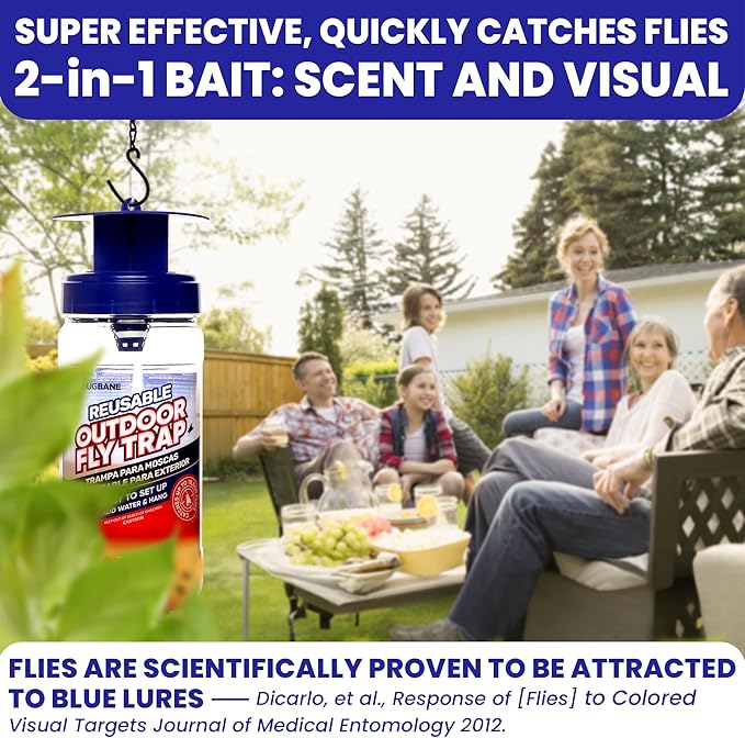 3 Fly Traps Outdoor Fly Trap for Patio with 6 Non-Toxic Dissolvable Bait Refills. Reusable Hanging Bug Catcher Killer for All Filth Flies for Outside Bug Control Yard Ranch. Hanging Chains Included