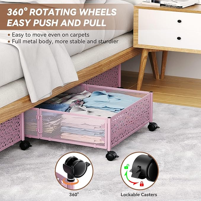PHINOX Under the Bed Storage Containers with Wheels, Under Bed Storage, Under Bed Shoe Storage Organizer Drawer, Tool-free Assembly Metal Underbed Storage Containers -Pink