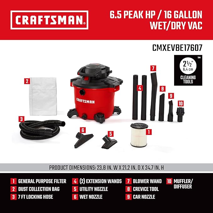 CRAFTSMAN CMXEVBE17607 16 Gallon 6.5 Peak HP Wet Dry Vac with Detachable Leaf Blower, Portable Shop Vacuum Wet and Dry with Filter, Dust Bag, Hose and Attachments for Garage, Outdoor Cleaning