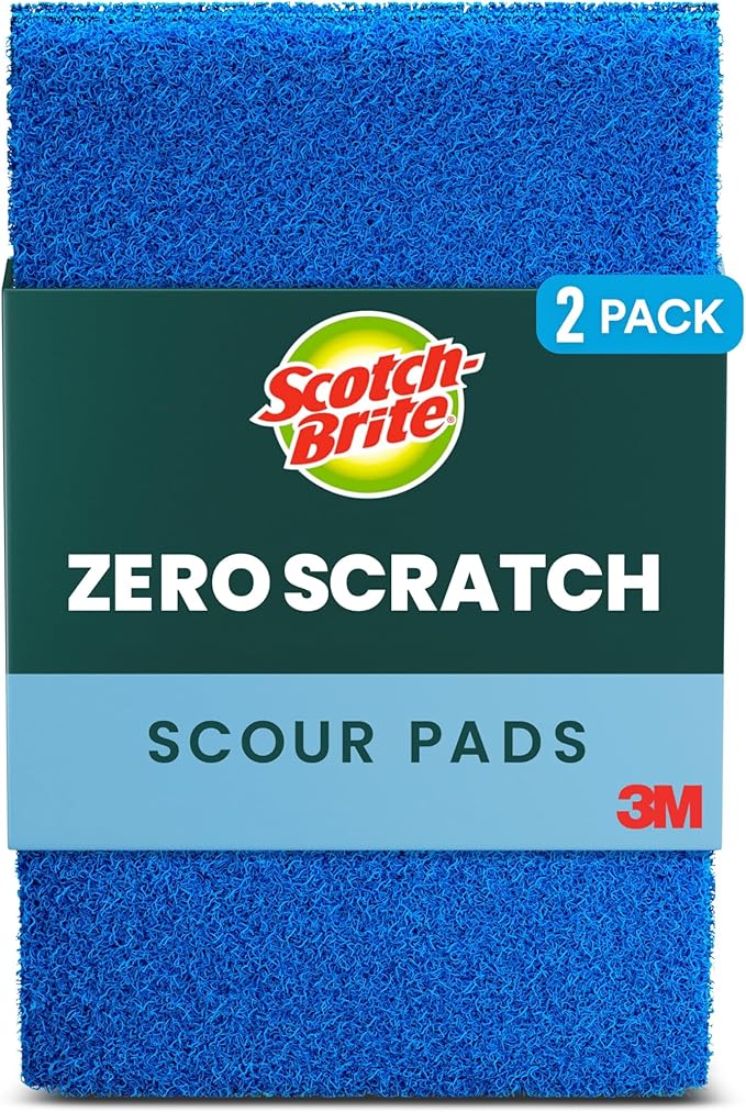 Scotch-Brite Zero Scratch Scouring Pad, Effective + Gentle Dish Scrubber for Household Cleaning, 2 Scrub Pads for Dishes, Nonstick Pots and Pans, Glass, Tubs, Showers, Reusable & Durable