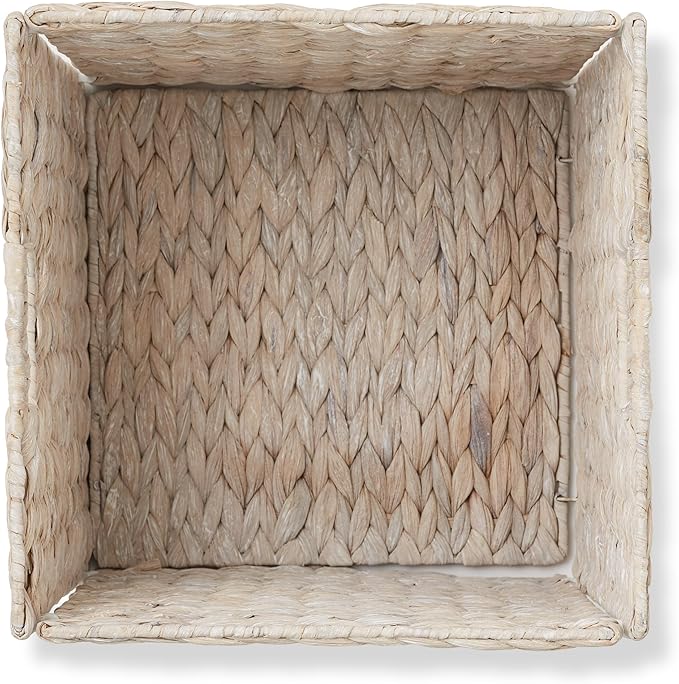 Casafield 12" x 12" Hyacinth Storage Baskets, Whitewash - Set of 4 Storage Organizers, Woven Wicker Cubes for Bathroom, Bedroom, Laundry, Shelves