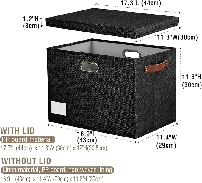 17" Large Collapsible Storage Bins with Lids, Stackable Closet Organizers with PU Handle and Labels, 3-Pack Decorative Fabric Storage Boxes for Home, Bedroom, Closet, Office, Nursery(Black)