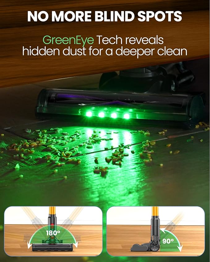 Zynet S8 Cordless Vacuum Cleaner, 500W/45KPA/40Mins Lightweight Stick Vacuum for Home, LED Display and Green Headlights, 6-Stages Filtration, Self-Standing Vacuum for Hard Floor, Carpet and Pet Hair