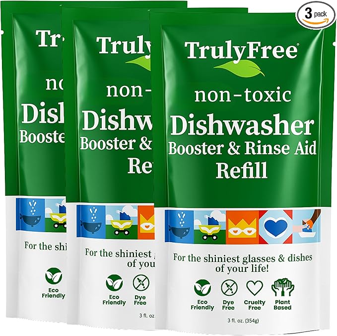 Truly Free Natural Dishwasher Booster & Rinse Aid - Non-Toxic Dishwashing Aid Formula, Removes Residue & Tough Dish Stains, Water Spot Remover - Pack of 3