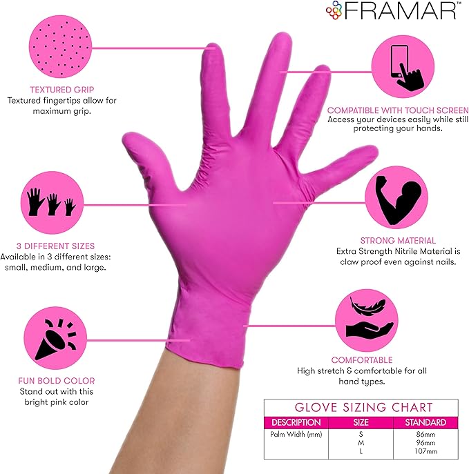 FRAMAR Pink Gloves Disposable Latex Free – Pink Nitrile Gloves Small, Disposable Glove Small, Powder Free, For Hair Dye, Salon, Cleaning, Tattoo, Food Prep, Mechanic, Extra Durable – 100 Pack